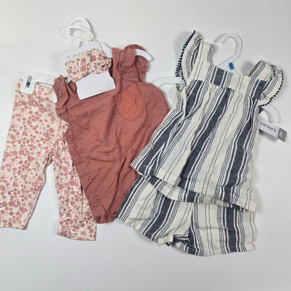 Carter's Tahari Baby Girl 24M Blue Striped Linen Rust Eyelet Floral Outfit Lot